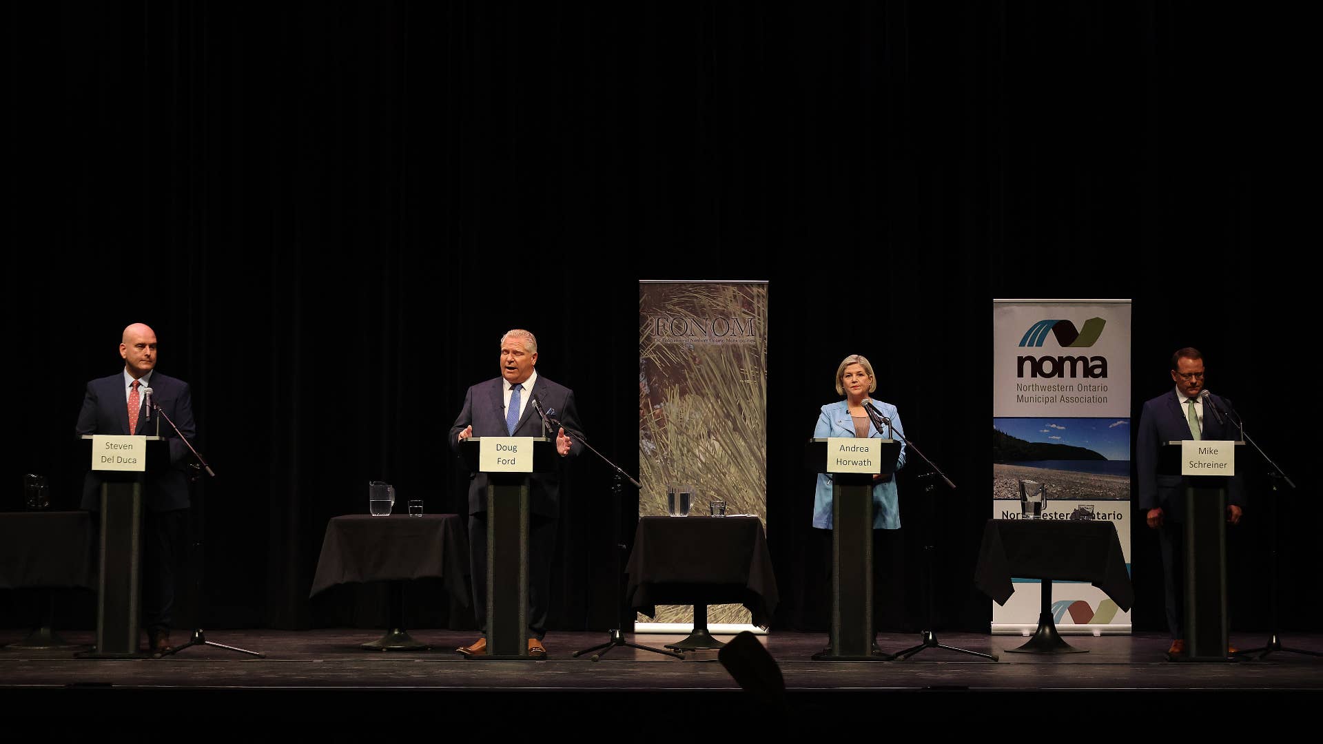 From left to right: Steven Del Duca, Doug Ford, Andrea Horwath, and Mike Schreiner debating on stage
