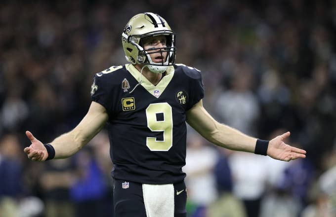 Drew Brees #9 of the New Orleans Saints reacts against the Los Angeles Rams