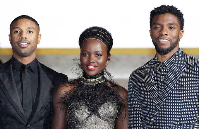 Michael B. Jordan, Lupita Nyong'o, and Chadwick Boseman at a 'Black Panther' premiere.