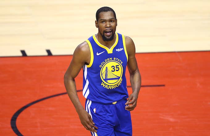 Kevin Durant #35 of the Golden State Warriors reacts against the Toronto Raptors .