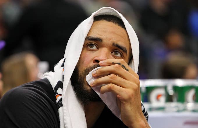 JaVale McGee sits on the bench.