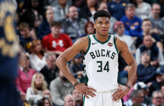 Giannis Antetokounmpo #34 of the Milwaukee Bucks looks on