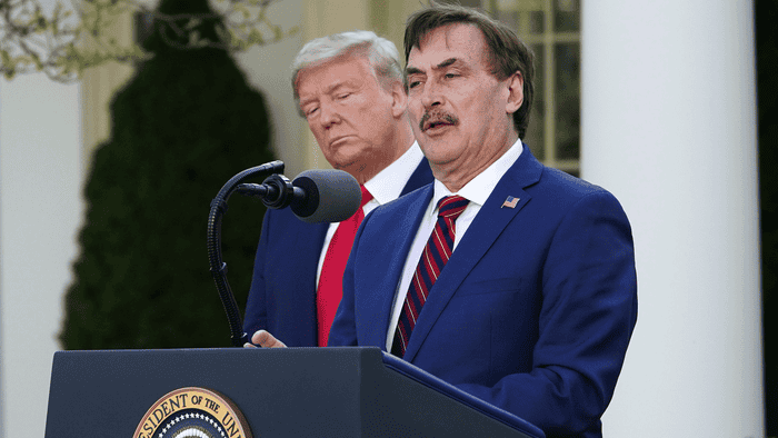 Mike Lindell speaks during a press conference at the Rose Garden.