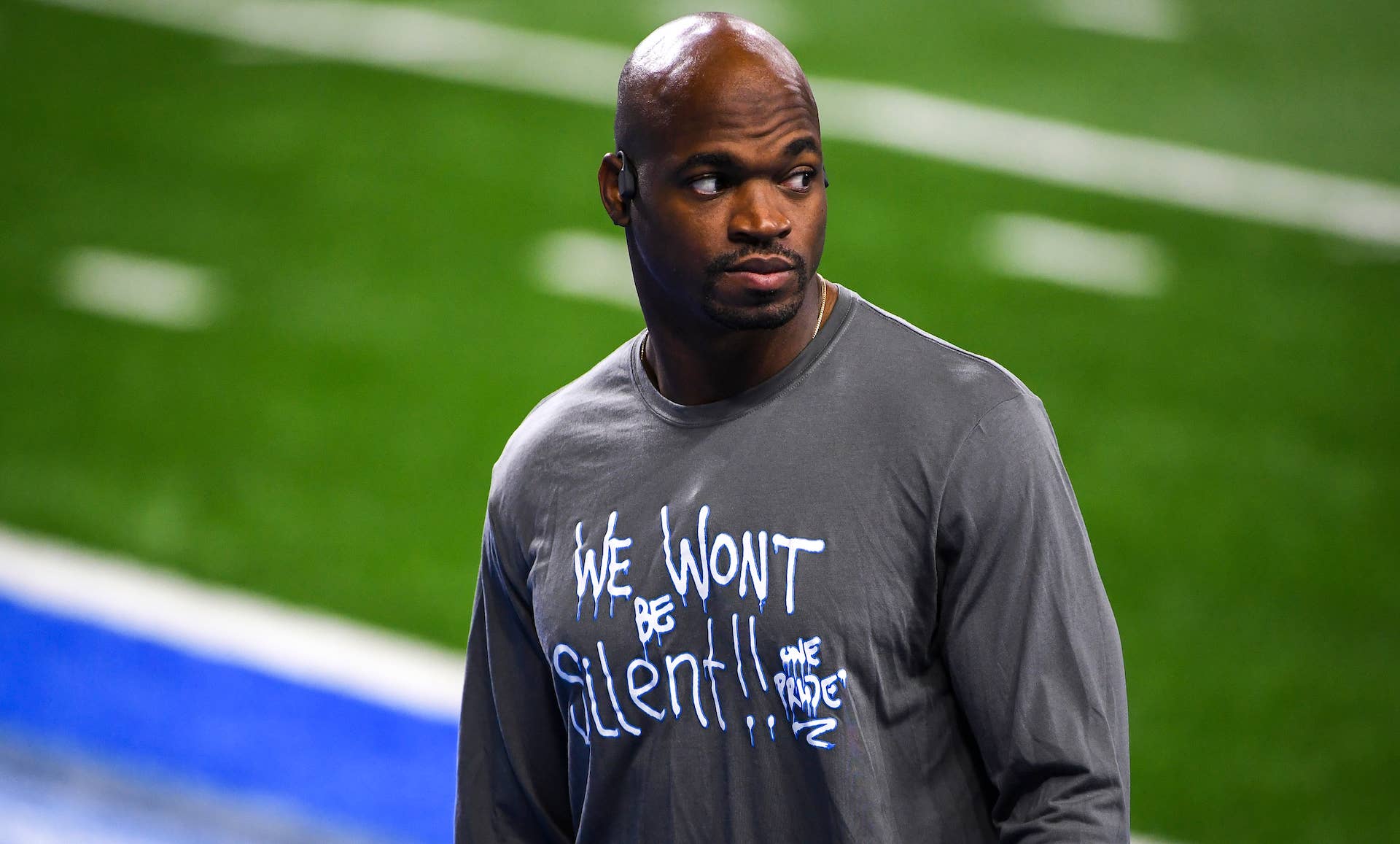 Adrian Peterson #28 of tAdrian Peterson of the Detroit Lions looks on before the game against the Washington Football Team