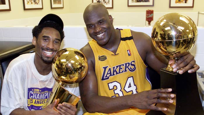 Shaquille O&#x27;Neal and Kobe Bryant after the 2000 NBA Finals