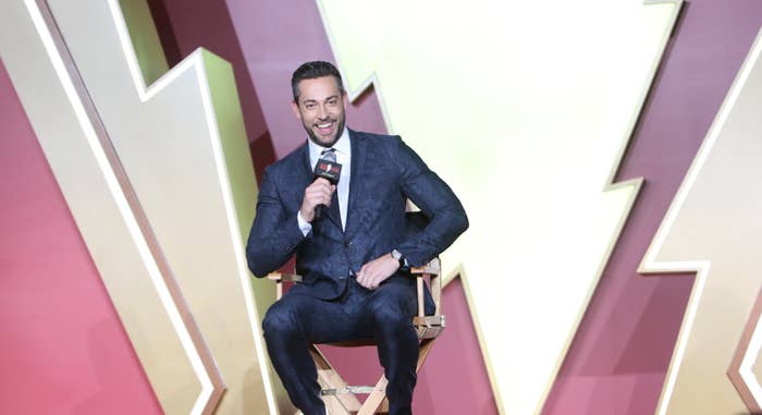 Zachary Levi speaking during premiere of Shazam!