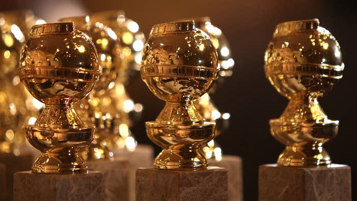The new 2009 Golden Globe statuettes are on display.