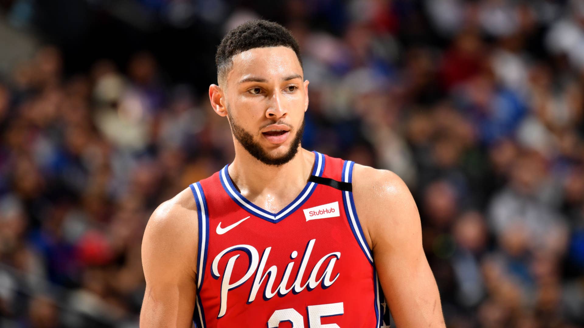Ben Simmons looks on during a game against the LA Clippers.