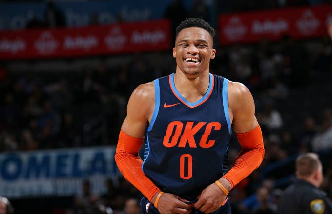Russell Westbrook #0 of the Oklahoma City Thunder smiles