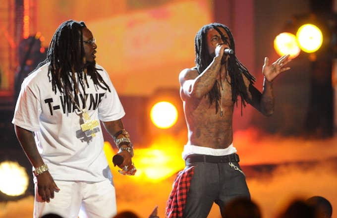 T Pain and Lil&#x27; Wayne on stage during the 2008 BET Awards