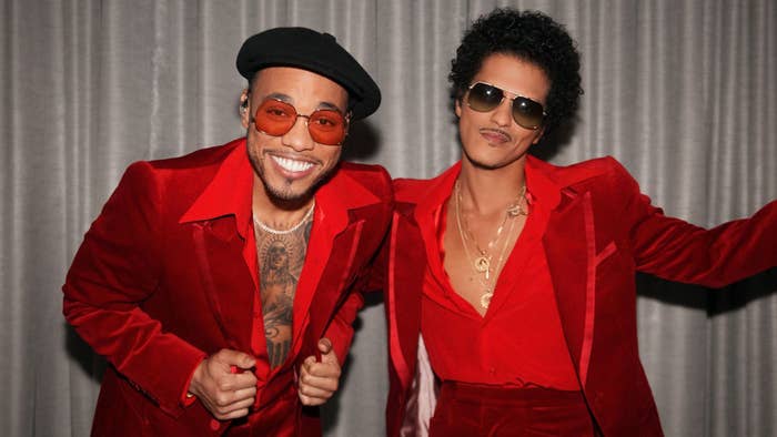 Anderson .Paak and Bruno Mars of Silk Sonic are seen backstage for the 2021 American Music Awards