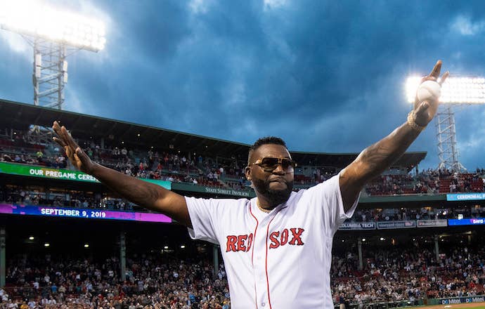David Ortiz is introduced before throwing out first pitch as he returns to Fenway Park.