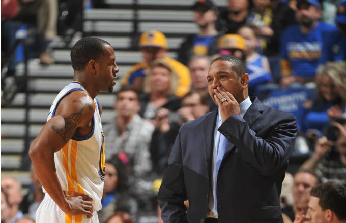 Head Coach Mark Jackson of the Golden State Warriors coaches player Andre Iguodala