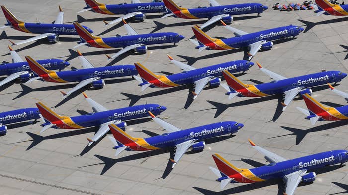 Southwest Airlines Boeing 737 MAX aircraft are parked on the tarmac after being grounded.