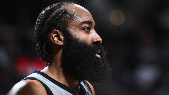 ames Harden #13 of the Brooklyn Nets looks on during the game against the San Antonio Spurs