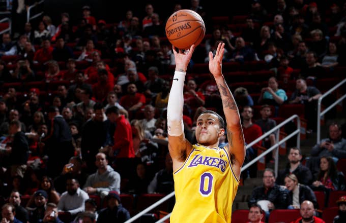 Kyle Kuzma #0 of the Los Angeles Lakers shoots the ball against the Houston Rockets