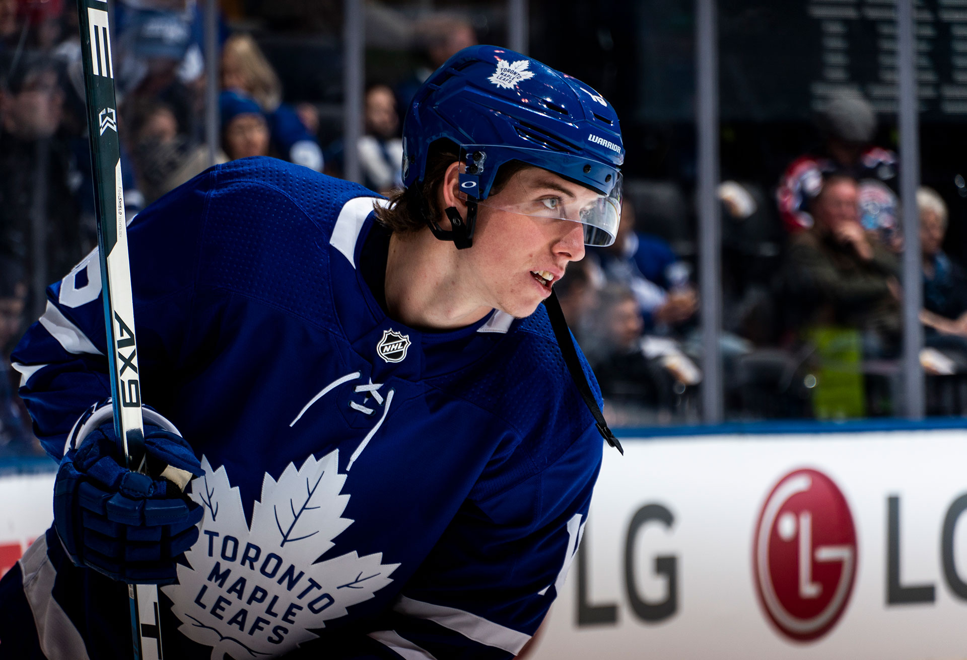 Mitch Marner of the Toronto Maple Leafs warms up