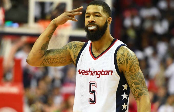 Markieff Morris reacts to a play during the Wizards playoff game against the Celtics.