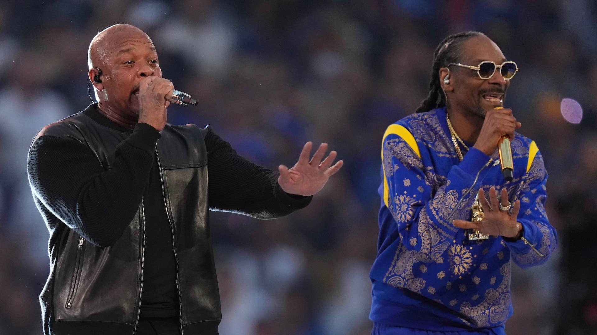 Dr. Dre performs with Snoop Dogg in the Pepsi Halftime Show