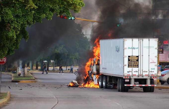 A truck burns in a street of Culiacan, state of Sinaloa, Mexico.