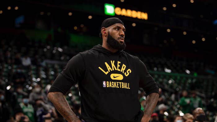LeBron James #6 of the Los Angeles Lakers warms up before a game against the Boston Celtics