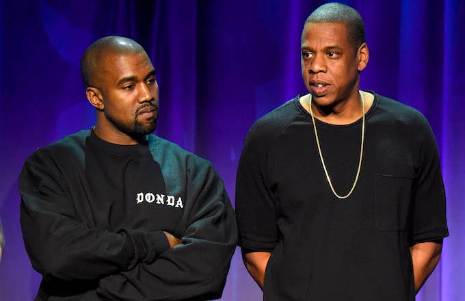 Kanye West and Jay Z attend the Tidal launch event #TIDALforALL at Skylight at Moynihan Station.