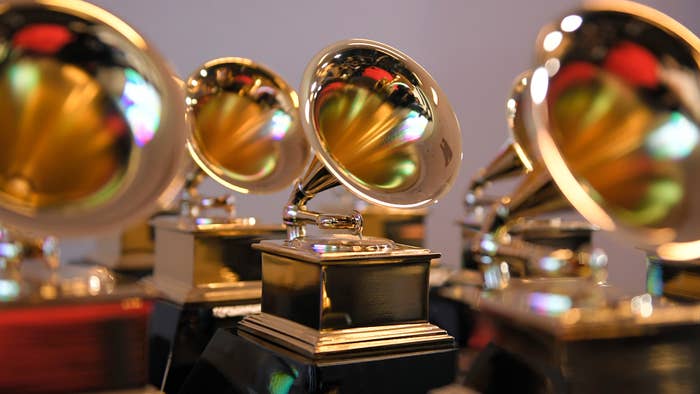 Grammy trophies sit in the press room during the 64th Annual GRAMMY Awards