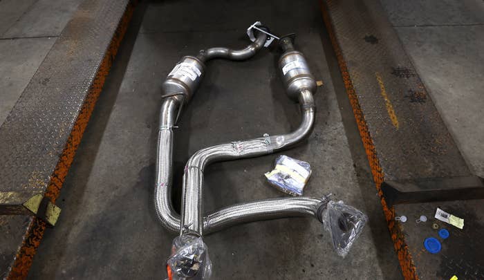 A catalytic converter sits on the floor at Johnny Franklin&#x27;s Muffler on July 11, 2022 in San Rafael, California.