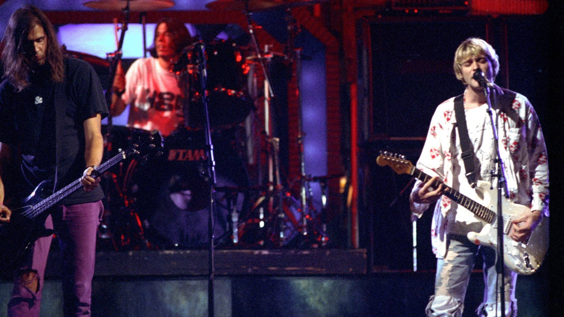 Dave Grohl, Kurt Cobain and Kirst Novoselic of Nirvana at the 1992 MTV Video Music Awards