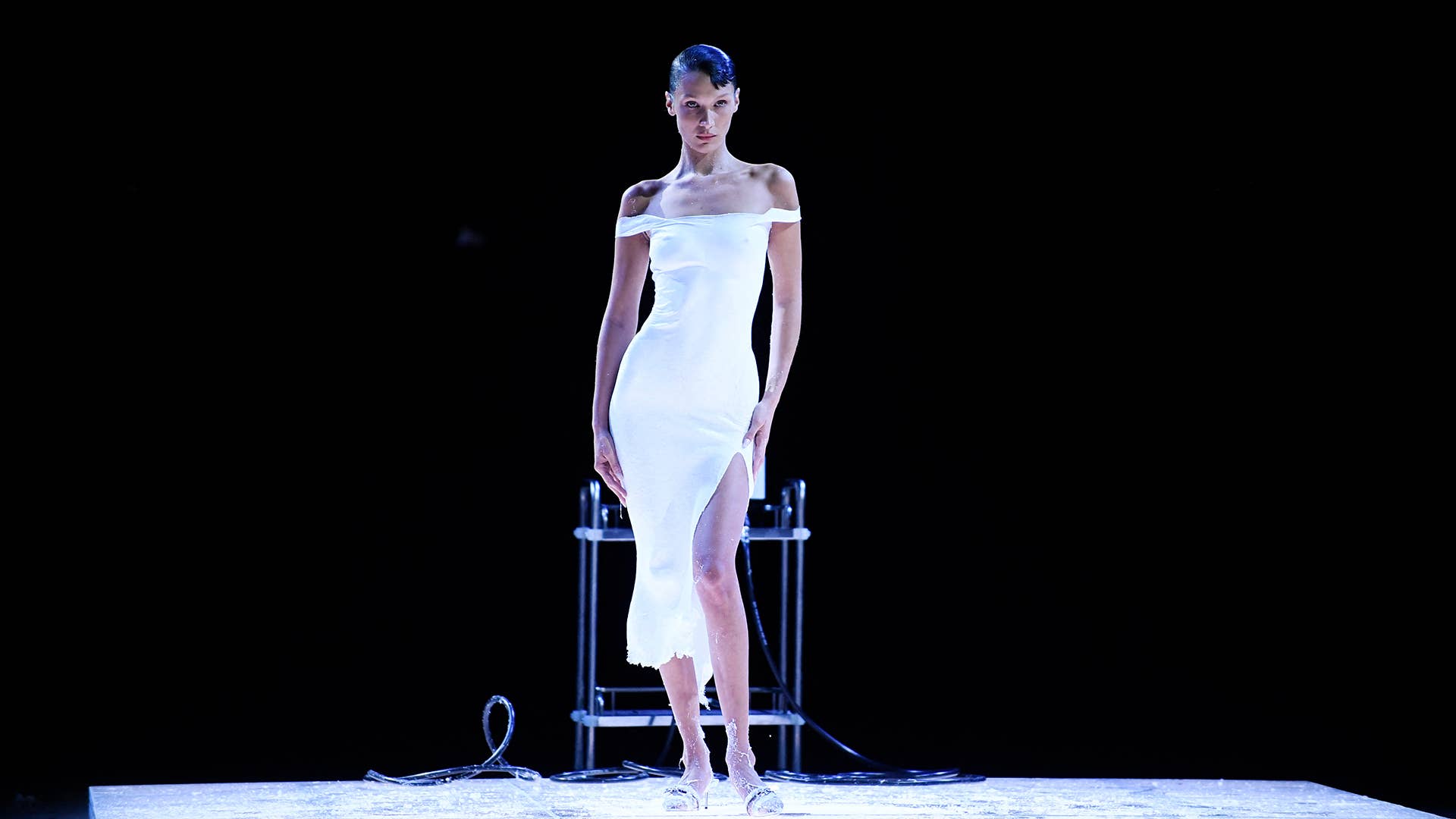 Bella Hadid is dressed by spraying foam during the Coperni SpringSummer 2023 fashion show as part of the Paris Womenswear Fashion Week
