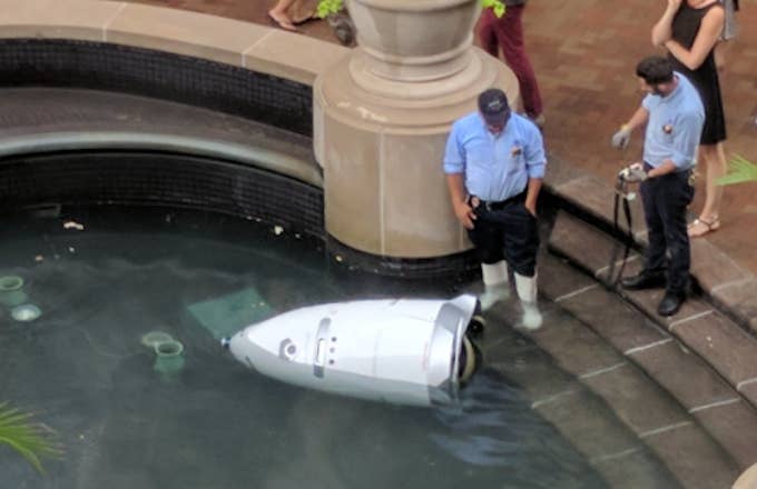 Security Robot goes into fountain.