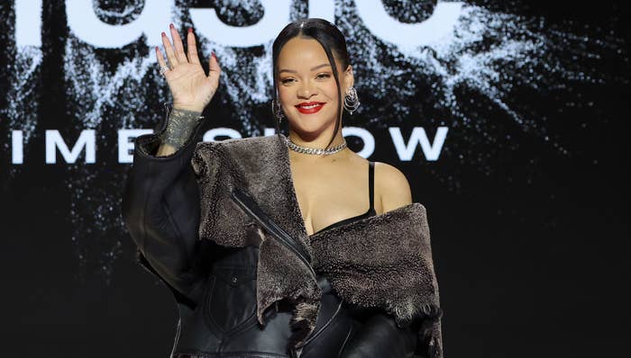 Rihanna attends pre-Super Bowl press conference