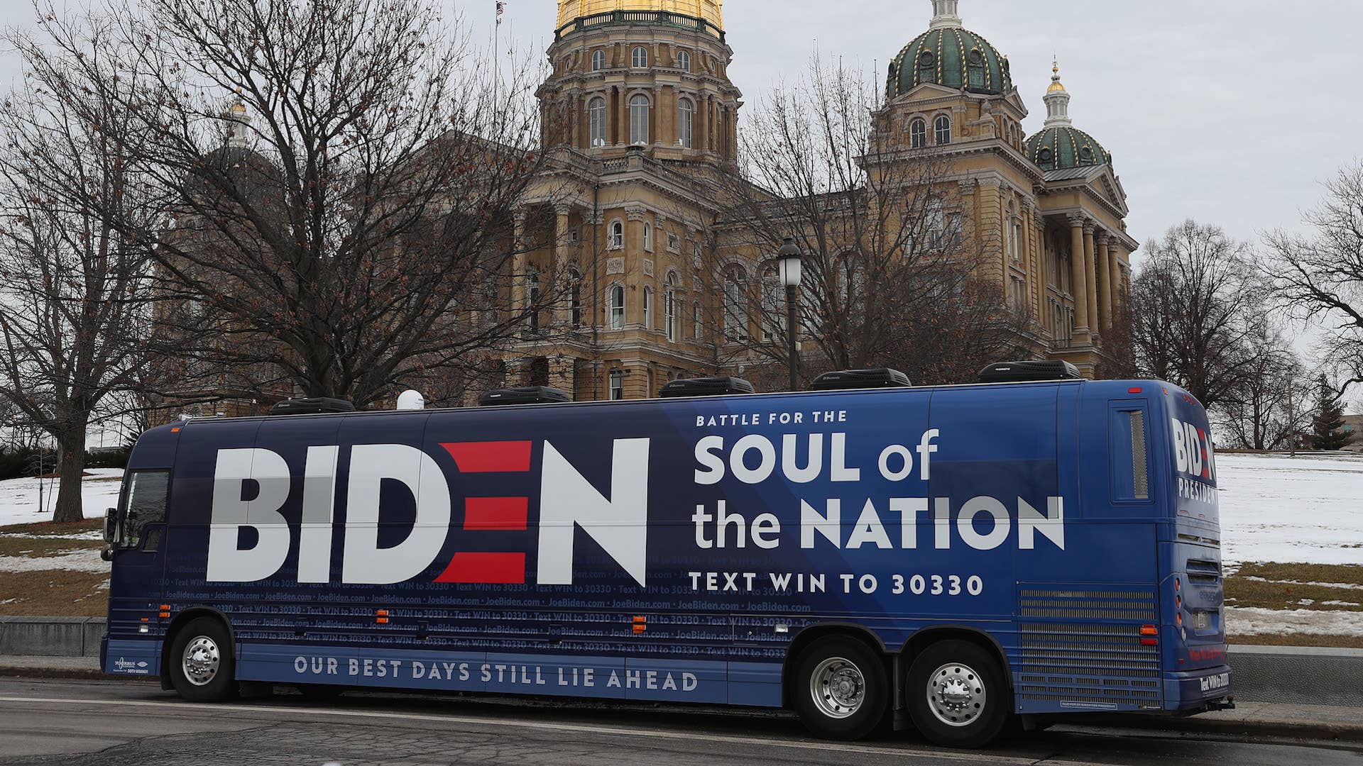 The campaign bus for Democratic presidential candidate former Vice President Joe Biden
