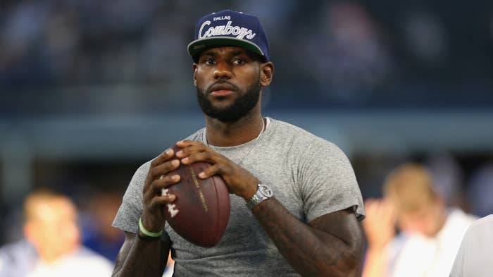 Lebron James throws a football at AT&amp;T Stadium before Giants and Cowboys game.