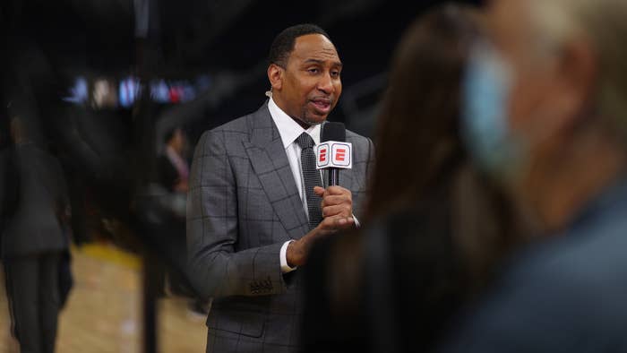 Stephen A Smith is pictured speaking with a microphone