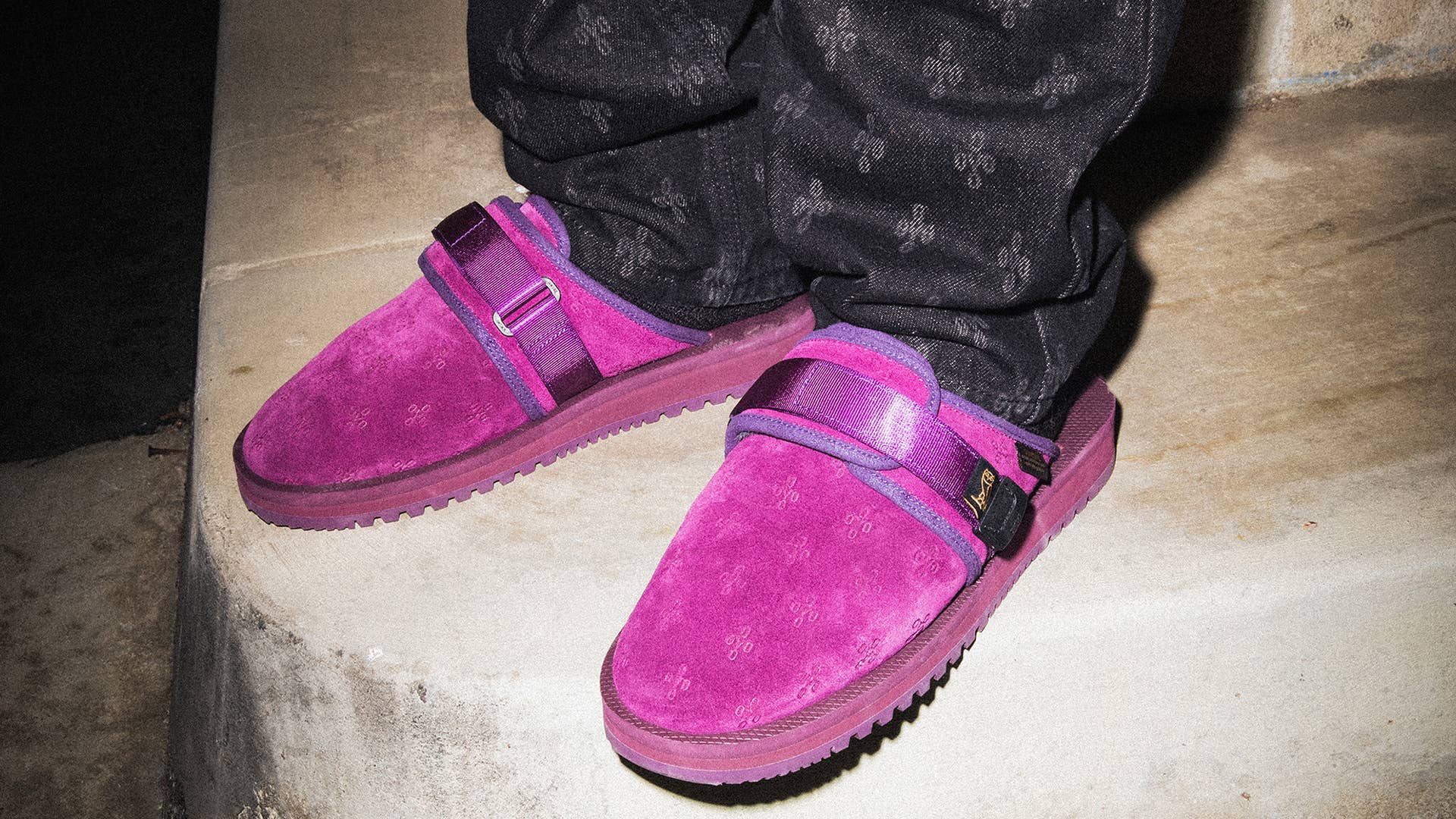 Pink OVO Suicoke slides in suede
