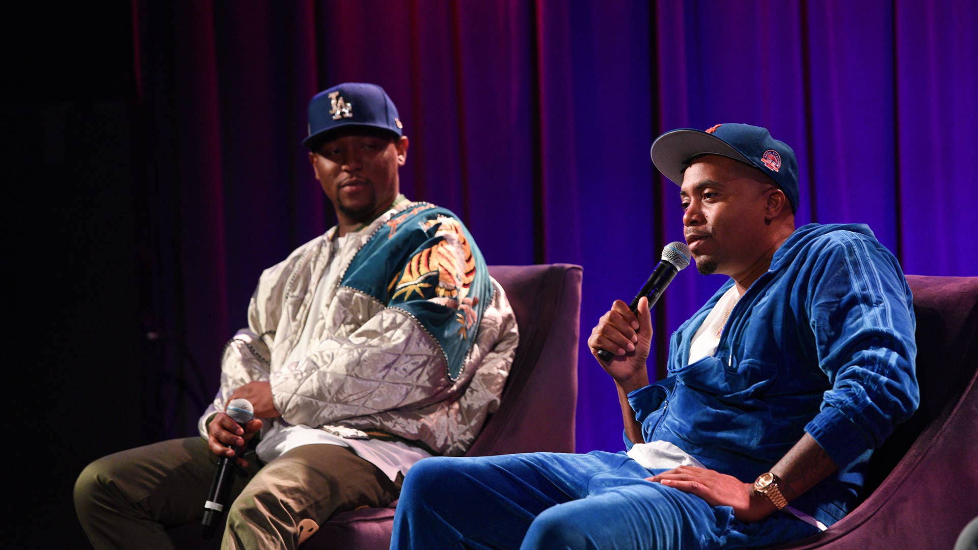 Nas and Hit-Boy speak at The GRAMMY Museum on October 19, 2021 in Los Angeles, California