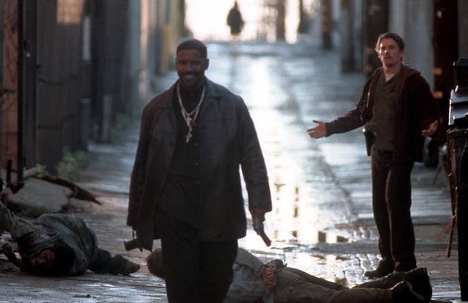 Denzel Washington walks away from Ethan Hawke in a scene from the film &#x27;Training Day&#x27;