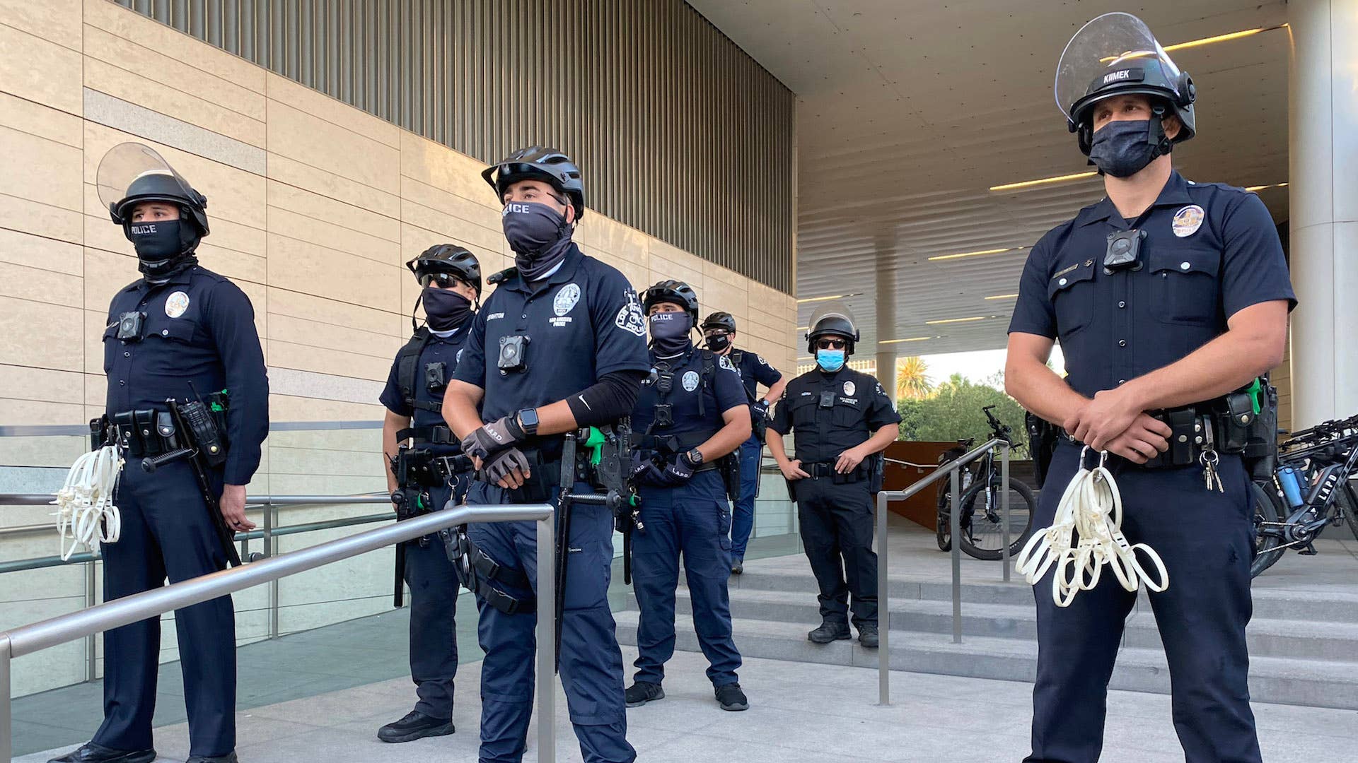 LAPD stands guard outside the Police Headquarters