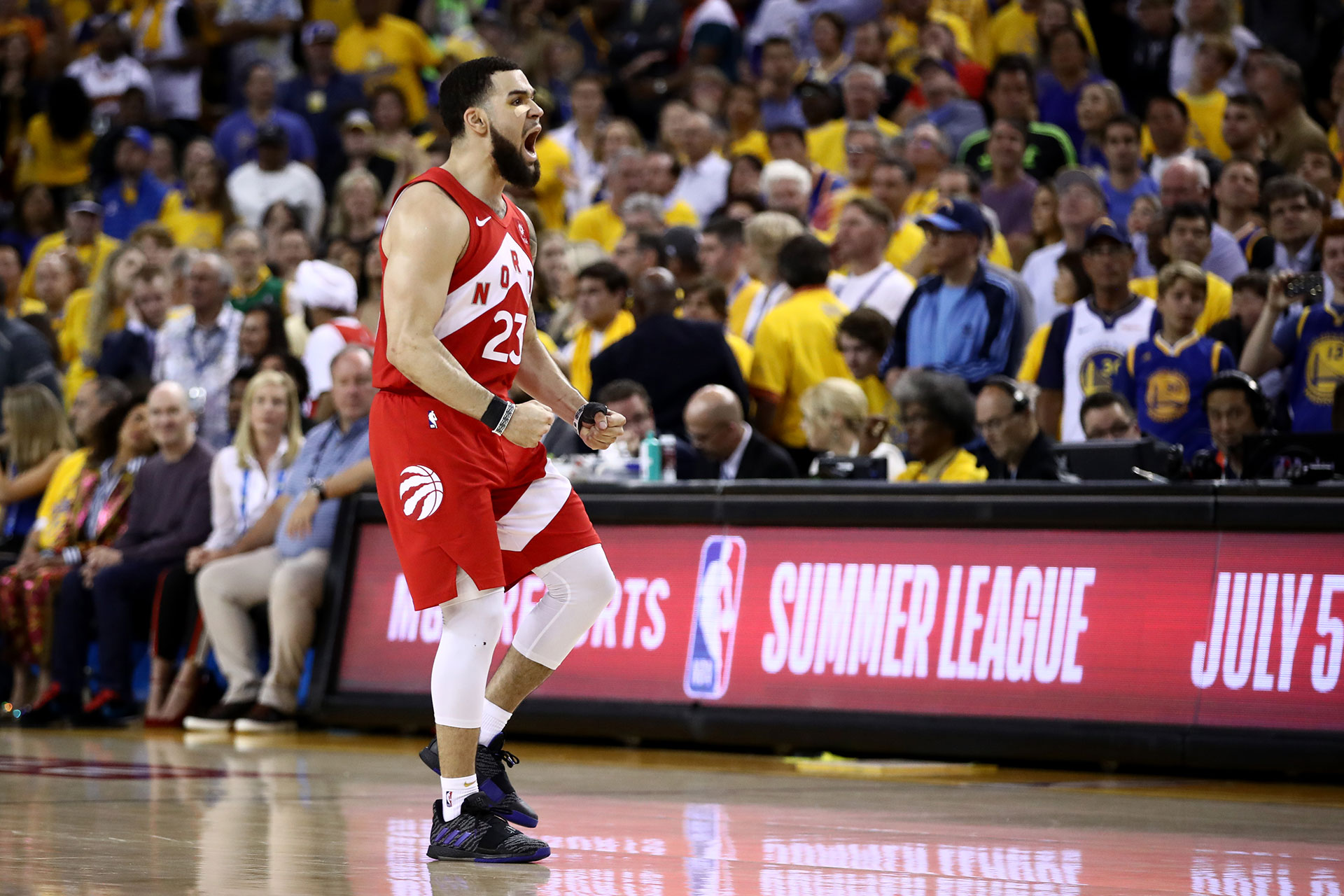 Fred VanVleet #23 of the Toronto Raptors celebrates the basket against the Golden State Warriors