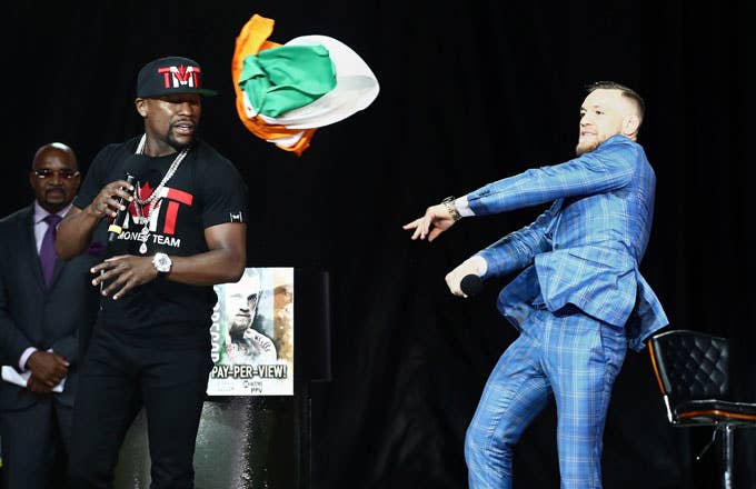 Mayweather and McGregor get into it over the Irish flag at their second press conference.
