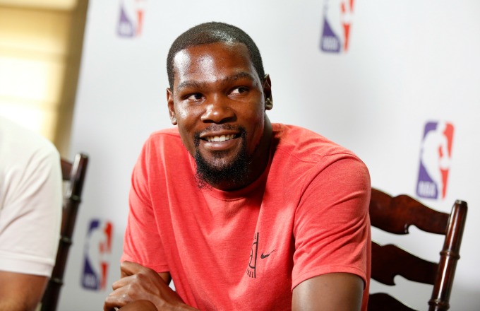 Kevin Durant speaks with the media.
