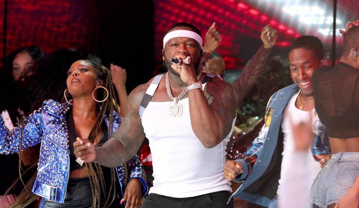 50 Cent performs during Super Bowl LVI Halftime Show