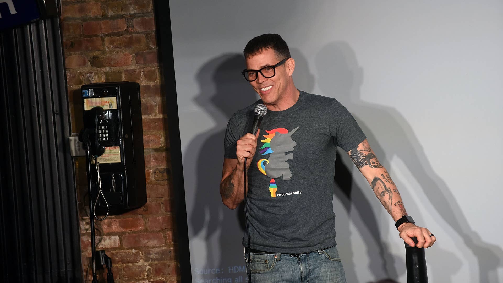 Steve O is pictured performing comedy