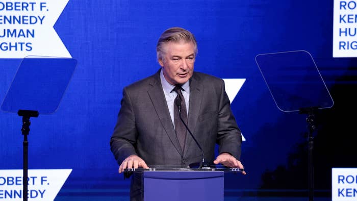 Alec Baldwin is pictured speaking at an event