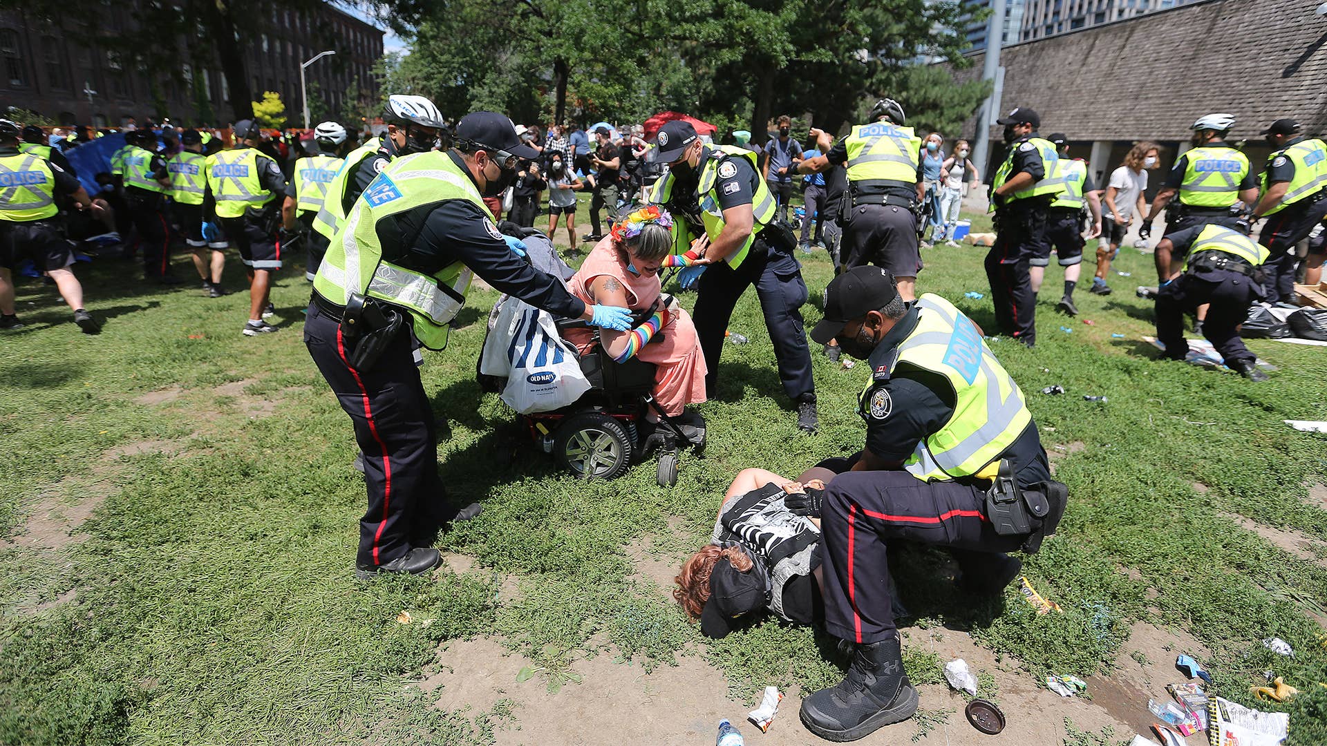 Protesters are arrested after Police removed residents and homeless advocates are removed from Lamport Stadium.