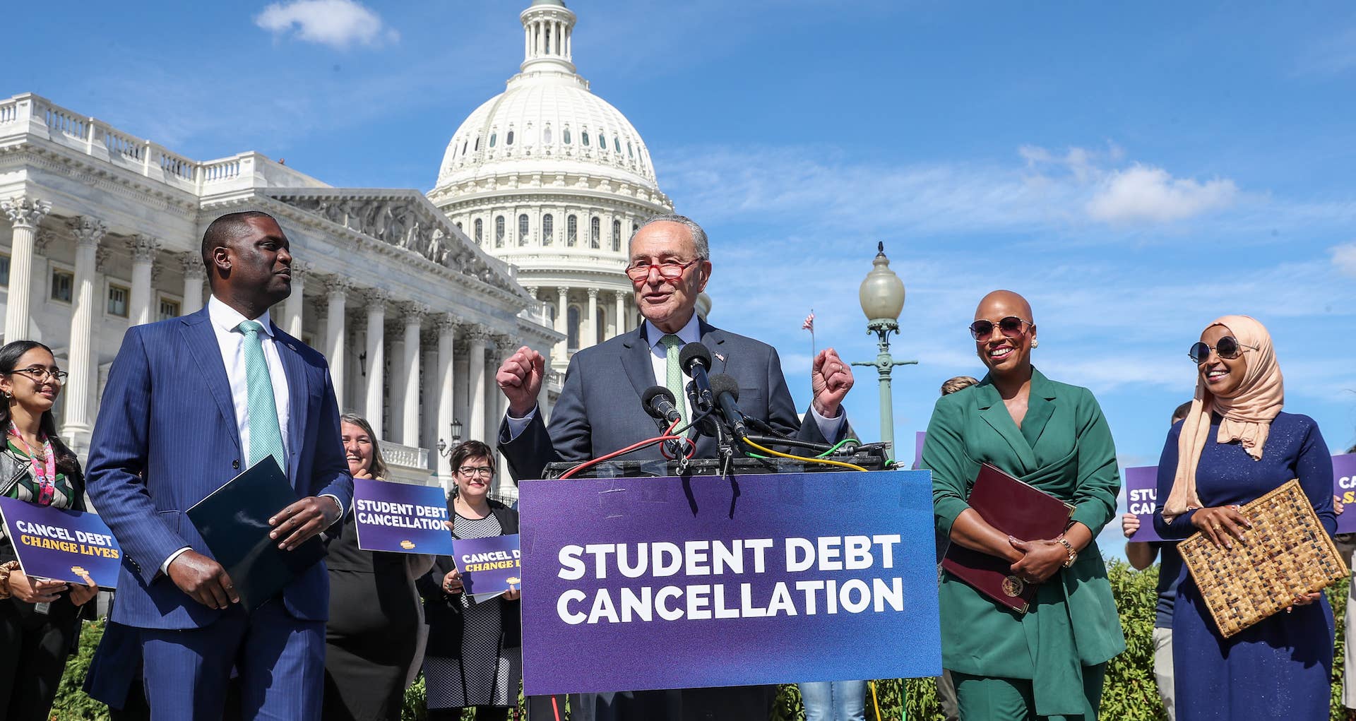 Senate Majority Leader Chuck Schumer (D-NY) speaks during a press conference held to celebrate President Biden Cancelling Student Debt