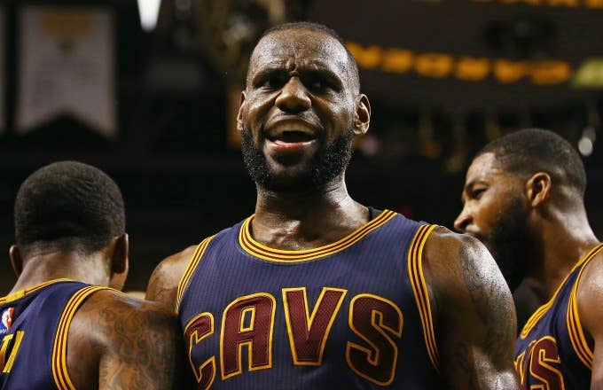 LeBron James reacts to a call during a game against the Celtics.