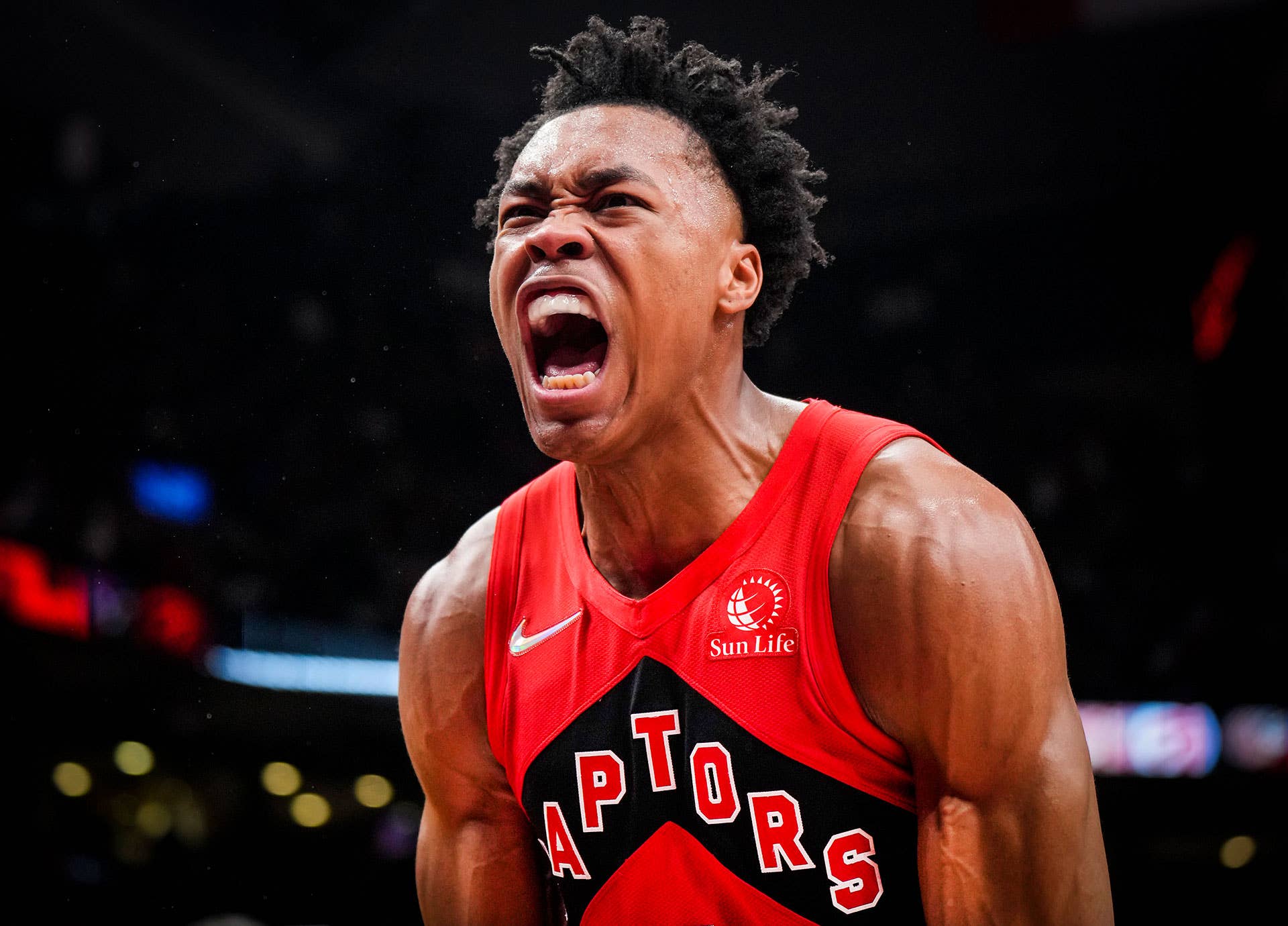 Scottie Barnes #4 of the Toronto Raptors celebrates against the Philadelphia 76ers during the second half of their basketball game at the Scotiabank Arena on April 7, 2022 in Toronto, Ontario, Canada