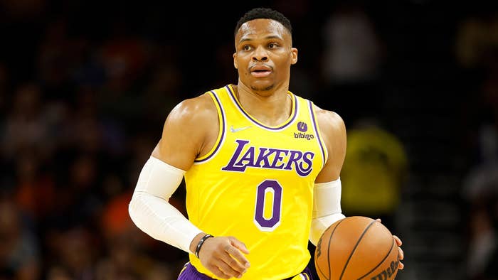 Russell Westbrook #0 of the Los Angeles Lakers handles the ball